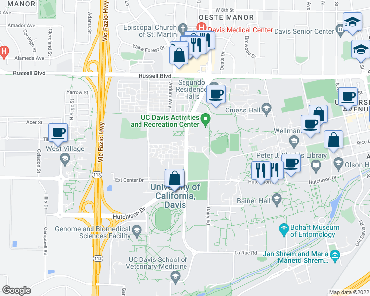 map of restaurants, bars, coffee shops, grocery stores, and more near 194 La Rue Road in Davis