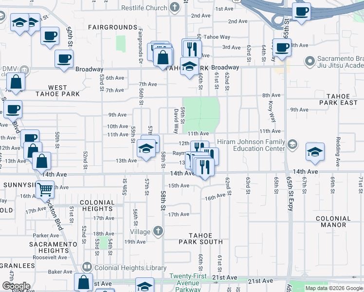 map of restaurants, bars, coffee shops, grocery stores, and more near 5936 12th Avenue in Sacramento