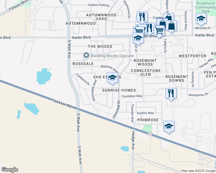 map of restaurants, bars, coffee shops, grocery stores, and more near 9045 Canberra Drive in Sacramento