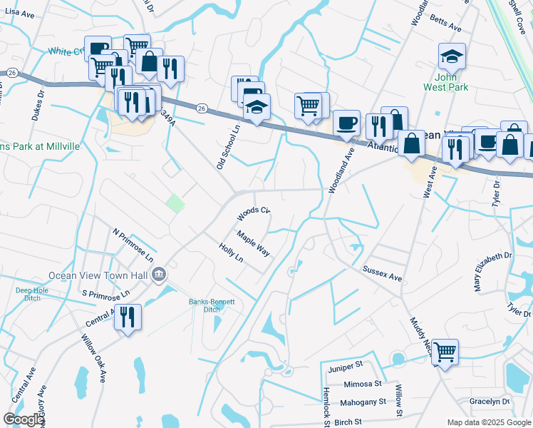 map of restaurants, bars, coffee shops, grocery stores, and more near 12 Woods Circle in Ocean View