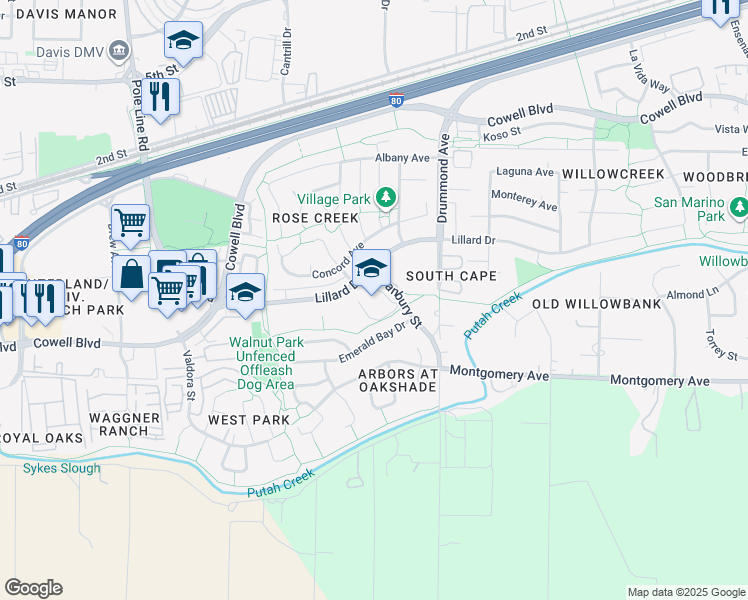 map of restaurants, bars, coffee shops, grocery stores, and more near 1441 Danbury Street in Davis