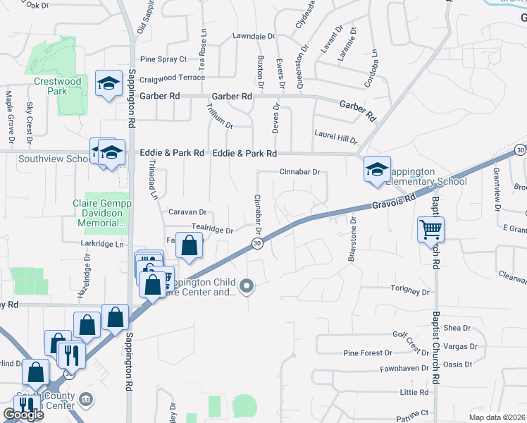 map of restaurants, bars, coffee shops, grocery stores, and more near 9622 Cinnabar Drive in Sappington