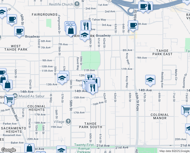 map of restaurants, bars, coffee shops, grocery stores, and more near 6016 12th Avenue in Sacramento