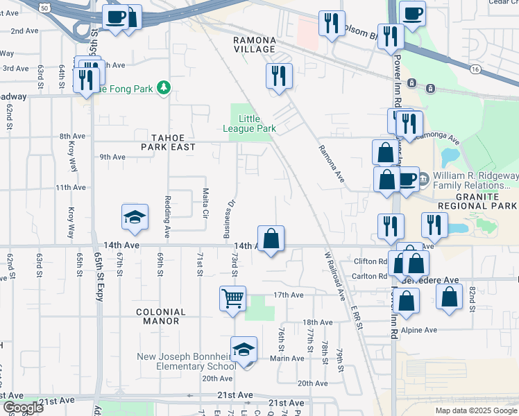 map of restaurants, bars, coffee shops, grocery stores, and more near 3575 Business Drive in Sacramento