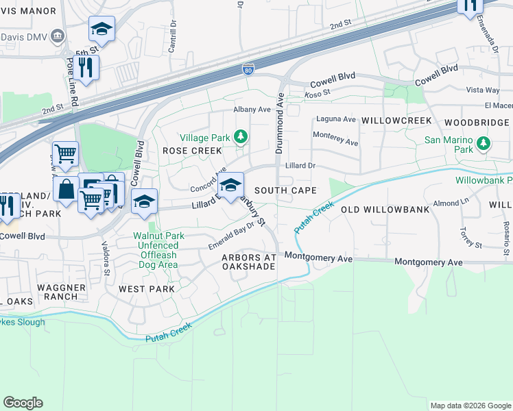 map of restaurants, bars, coffee shops, grocery stores, and more near 1448 Danbury Street in Davis