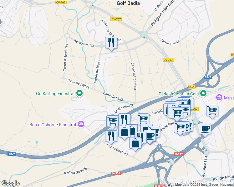 map of restaurants, bars, coffee shops, grocery stores, and more near 22 Calle Chile in Finestrat