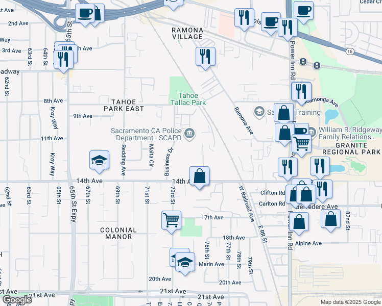 map of restaurants, bars, coffee shops, grocery stores, and more near 3575 Business Drive in Sacramento