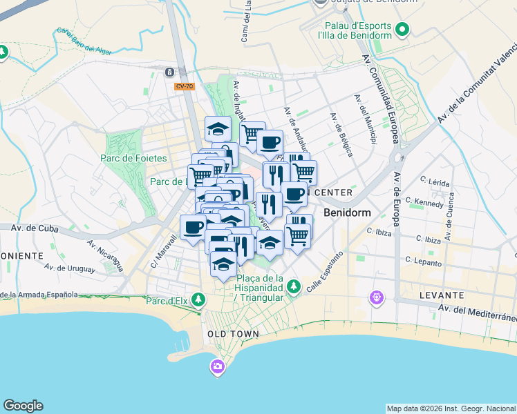 map of restaurants, bars, coffee shops, grocery stores, and more near 12 Calle Primavera in Benidorm