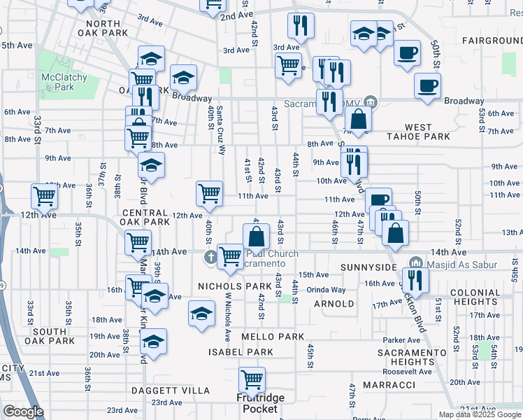 map of restaurants, bars, coffee shops, grocery stores, and more near 4180 12th Avenue in Sacramento
