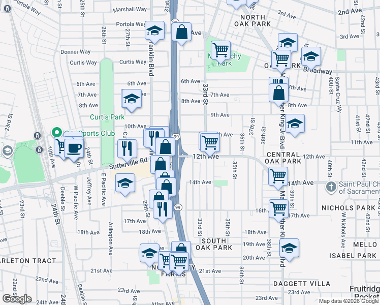 map of restaurants, bars, coffee shops, grocery stores, and more near 3700 32nd Street in Sacramento