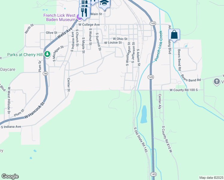 map of restaurants, bars, coffee shops, grocery stores, and more near South Street in French Lick