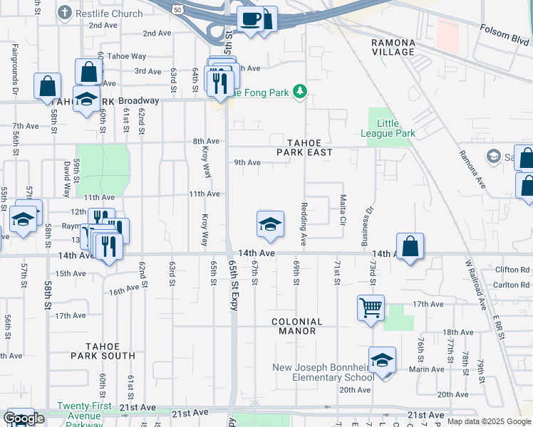 map of restaurants, bars, coffee shops, grocery stores, and more near 6879 14th Avenue in Sacramento