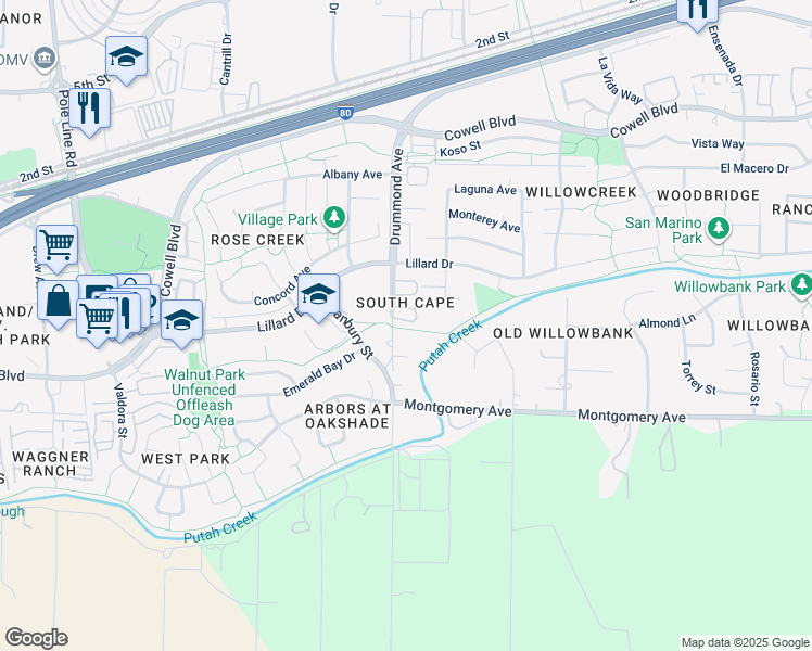 map of restaurants, bars, coffee shops, grocery stores, and more near 3170 Newport Terrace in Davis