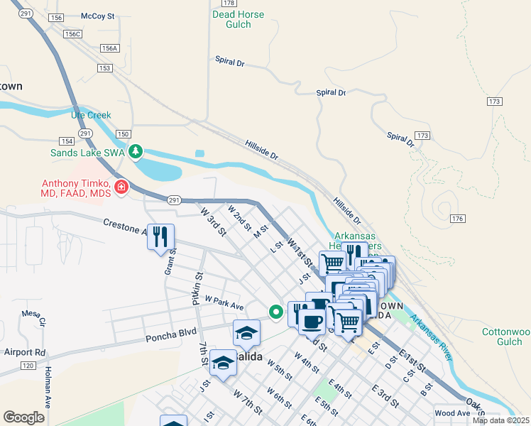 map of restaurants, bars, coffee shops, grocery stores, and more near 749 West 1st Street in Salida