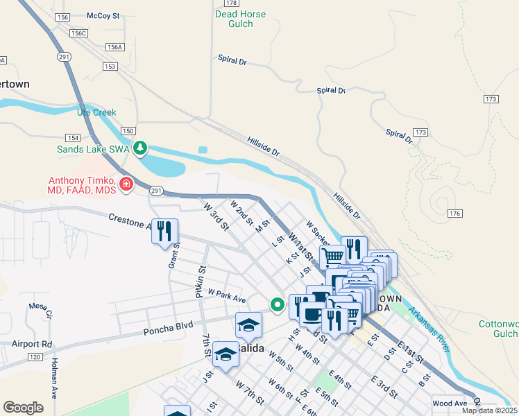 map of restaurants, bars, coffee shops, grocery stores, and more near 836 West 2nd Street in Salida