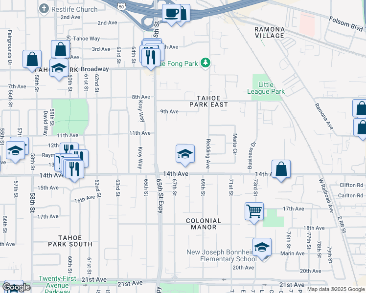 map of restaurants, bars, coffee shops, grocery stores, and more near 6879 14th Avenue in Sacramento