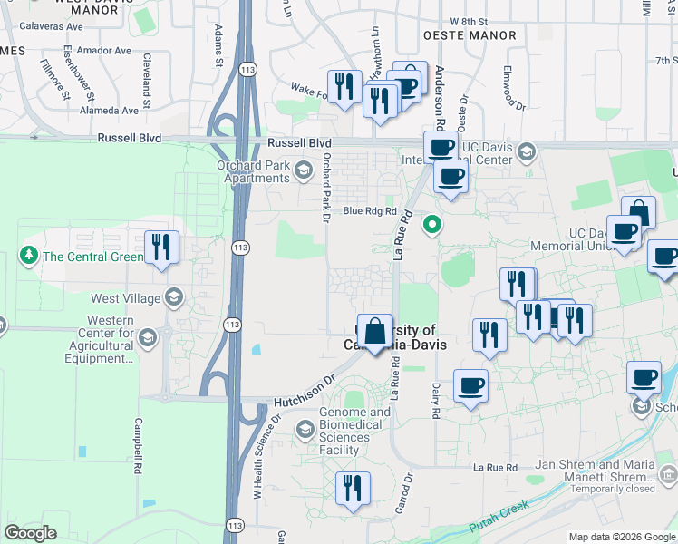 map of restaurants, bars, coffee shops, grocery stores, and more near 186 Orchard Park Drive in Davis