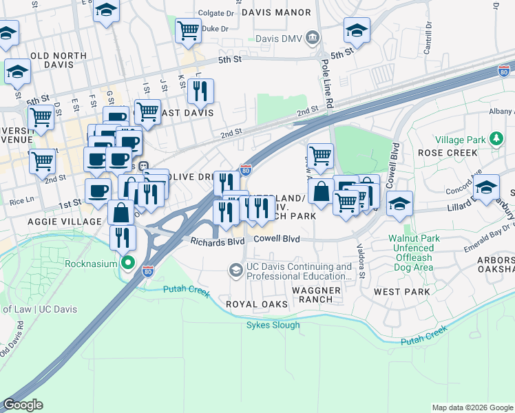 map of restaurants, bars, coffee shops, grocery stores, and more near 1720 Research Park Drive in Davis
