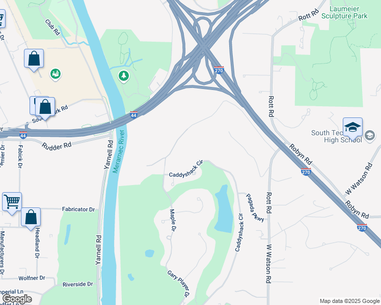 map of restaurants, bars, coffee shops, grocery stores, and more near 9236 Caddyshack Circle in St. Louis
