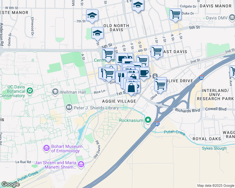 map of restaurants, bars, coffee shops, grocery stores, and more near 1st Street in Davis