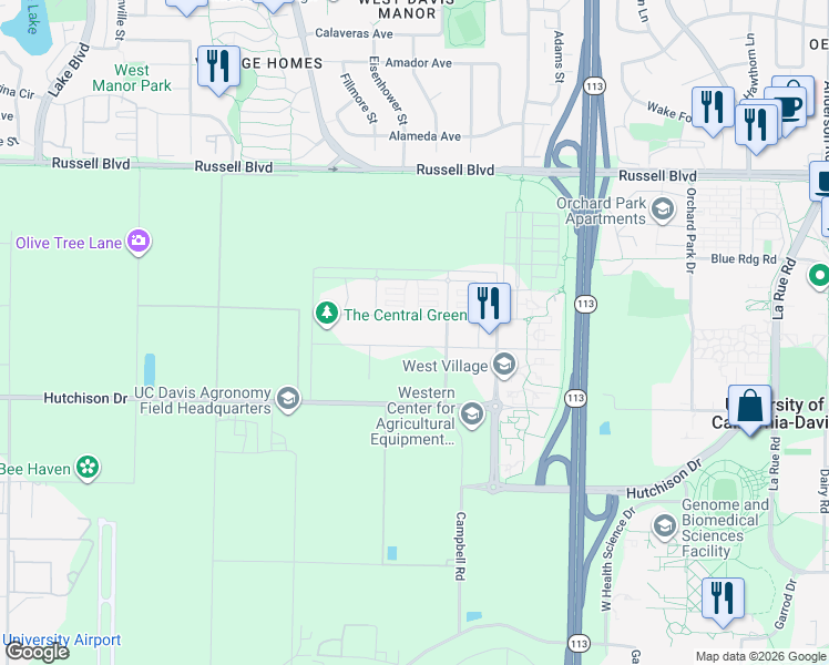map of restaurants, bars, coffee shops, grocery stores, and more near 2075 Jade Street in Davis