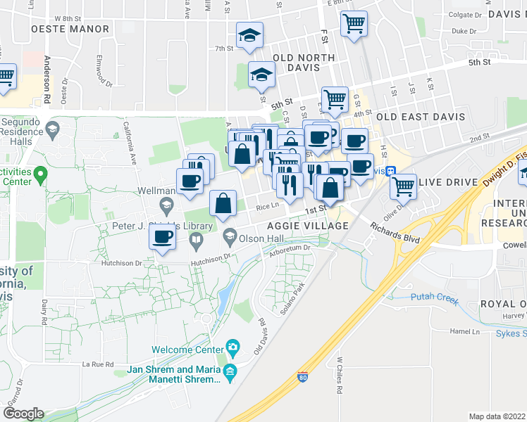 map of restaurants, bars, coffee shops, grocery stores, and more near in University of California-Davis