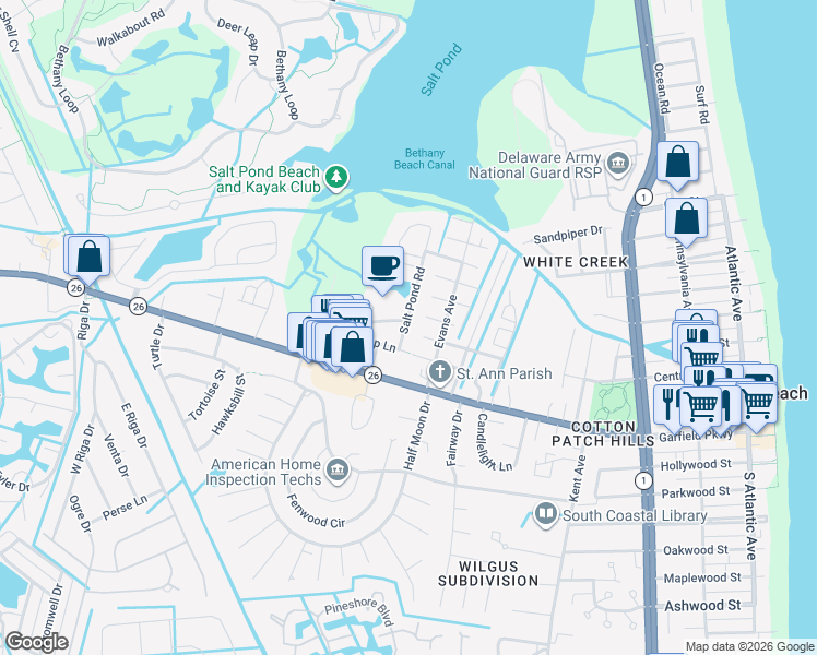 map of restaurants, bars, coffee shops, grocery stores, and more near 754 Salt Pond Road in Bethany Beach