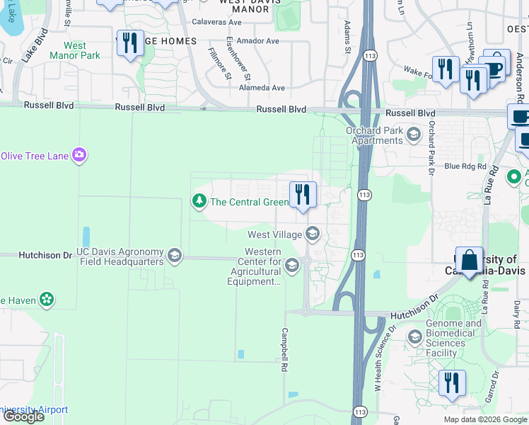 map of restaurants, bars, coffee shops, grocery stores, and more near 2035 Jade Street in Davis