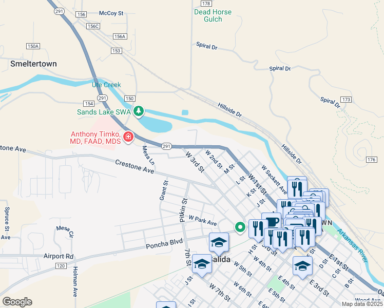 map of restaurants, bars, coffee shops, grocery stores, and more near 920 West 3rd Street in Salida