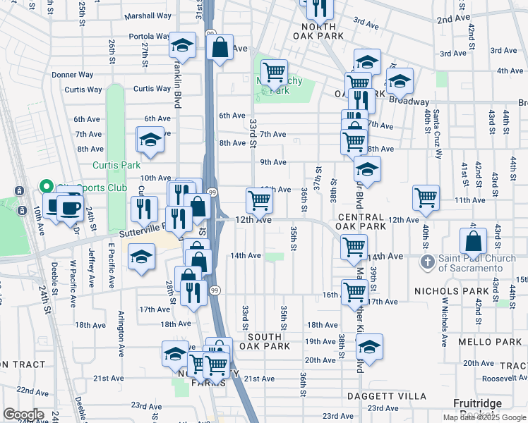 map of restaurants, bars, coffee shops, grocery stores, and more near 3424 12th Avenue in Sacramento