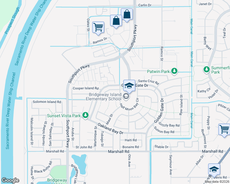 map of restaurants, bars, coffee shops, grocery stores, and more near 3400 Big Island Road in West Sacramento