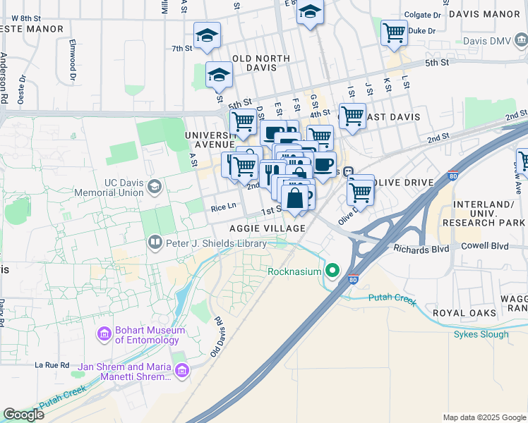 map of restaurants, bars, coffee shops, grocery stores, and more near in Davis