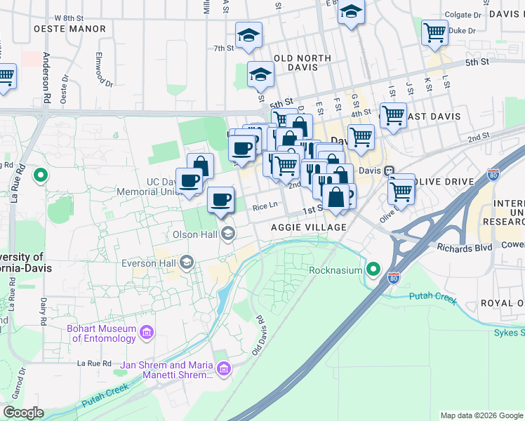 map of restaurants, bars, coffee shops, grocery stores, and more near in Davis