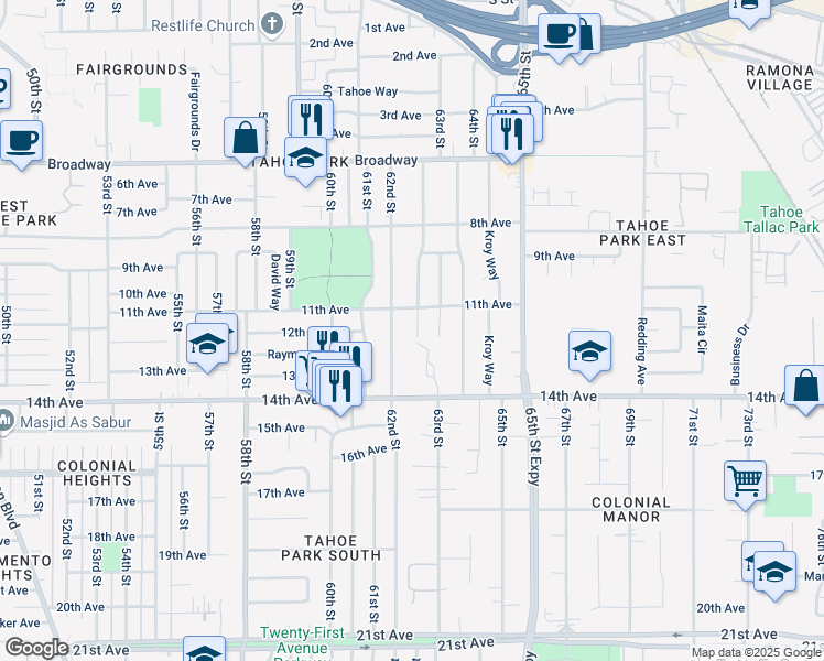 map of restaurants, bars, coffee shops, grocery stores, and more near 3725 62nd Street in Sacramento