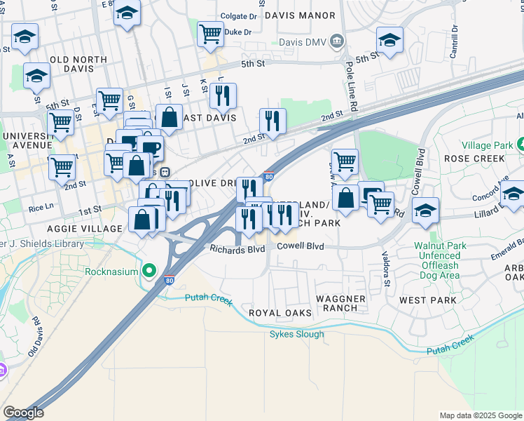 map of restaurants, bars, coffee shops, grocery stores, and more near 1665 West Chiles Road in Davis