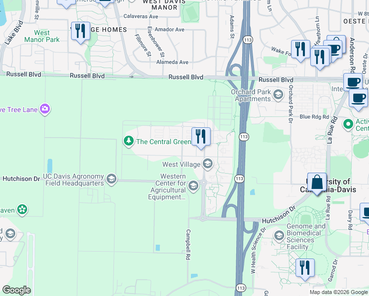 map of restaurants, bars, coffee shops, grocery stores, and more near 250 Celadon Street in Davis