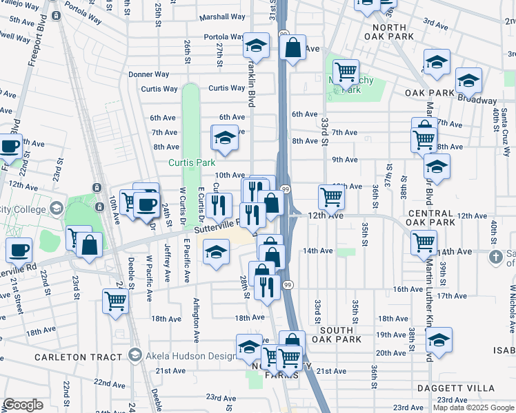 map of restaurants, bars, coffee shops, grocery stores, and more near 2773 Sutterville Road in Sacramento