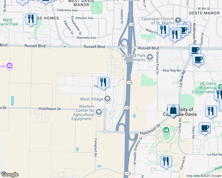 map of restaurants, bars, coffee shops, grocery stores, and more near 1590 Tilia Street in Davis