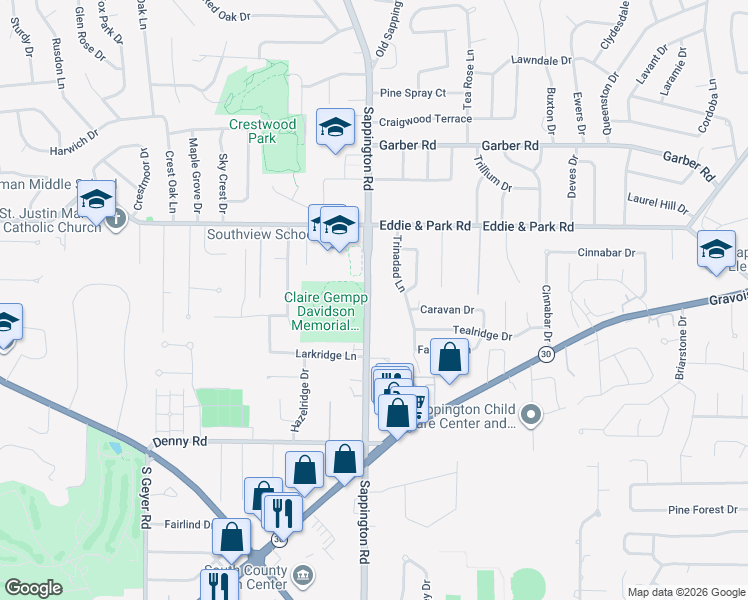 map of restaurants, bars, coffee shops, grocery stores, and more near 9226 Sappington Road in Sappington
