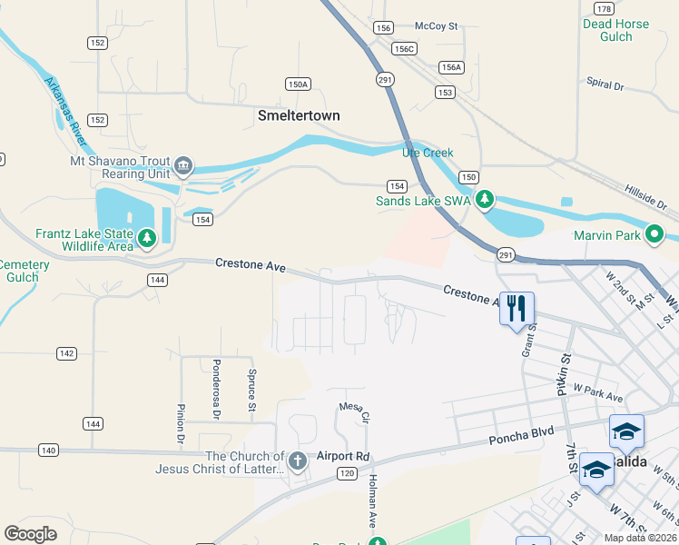 map of restaurants, bars, coffee shops, grocery stores, and more near 106 Cottonwood Circle in Salida