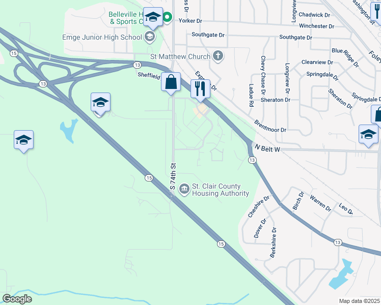 map of restaurants, bars, coffee shops, grocery stores, and more near 7235 Westfield Plaza Drive in Belleville