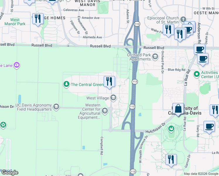 map of restaurants, bars, coffee shops, grocery stores, and more near 215 Sage Street in Davis