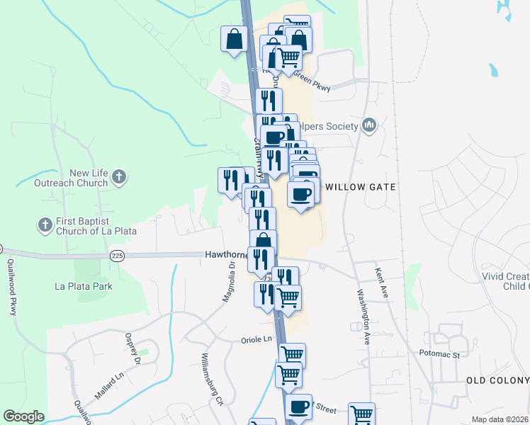 map of restaurants, bars, coffee shops, grocery stores, and more near 6223 Crain Highway in La Plata