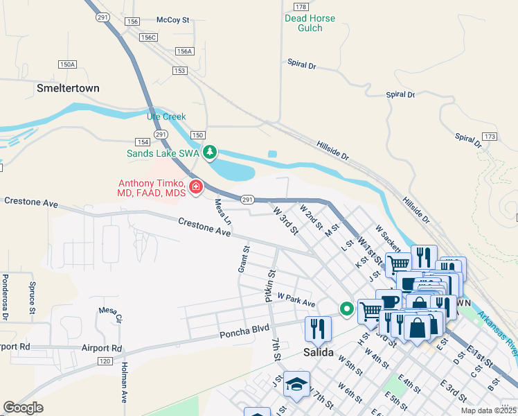 map of restaurants, bars, coffee shops, grocery stores, and more near 977 West 3rd Street in Salida