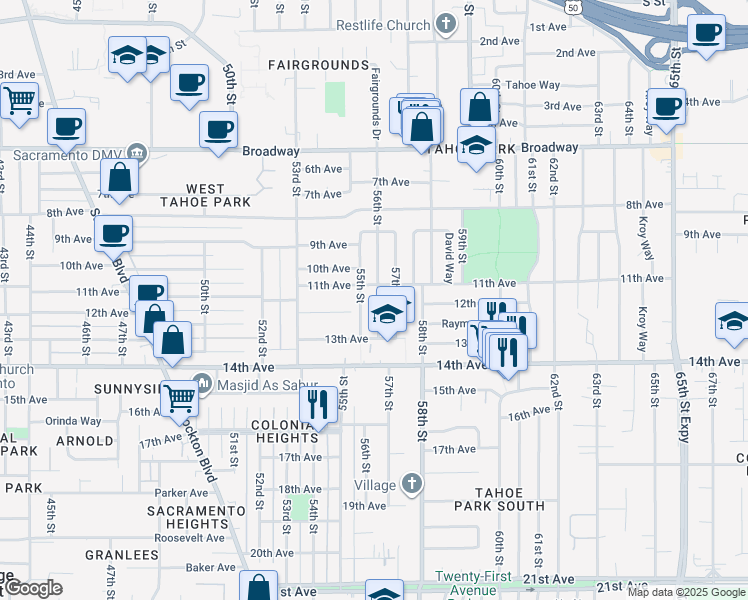 map of restaurants, bars, coffee shops, grocery stores, and more near 3700 57th Street in Sacramento