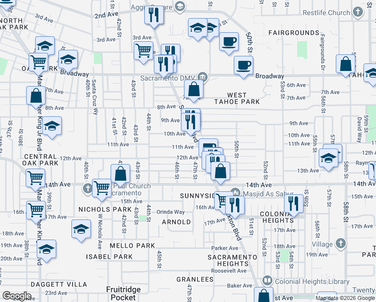 map of restaurants, bars, coffee shops, grocery stores, and more near 4640 12th Avenue in Sacramento