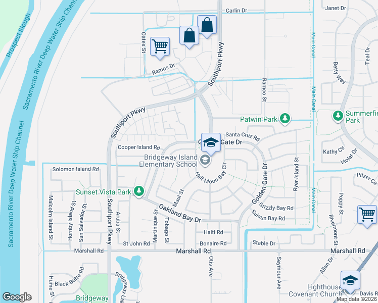 map of restaurants, bars, coffee shops, grocery stores, and more near 3400 Big Island Road in West Sacramento