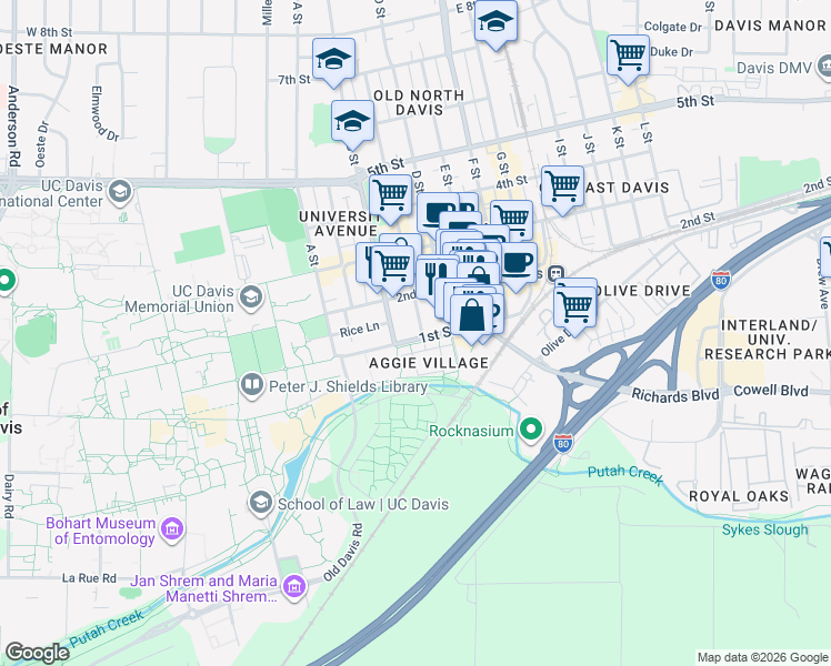 map of restaurants, bars, coffee shops, grocery stores, and more near 202 Cottage Circle in Davis