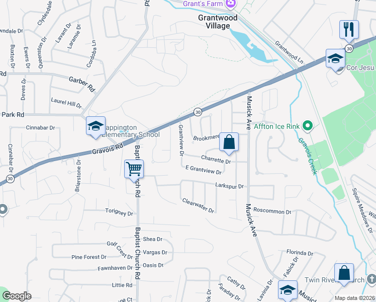 map of restaurants, bars, coffee shops, grocery stores, and more near 10735 East Grantview Drive in St. Louis