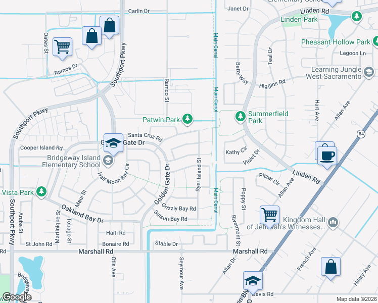 map of restaurants, bars, coffee shops, grocery stores, and more near 3096 Twitchell Island Road in West Sacramento